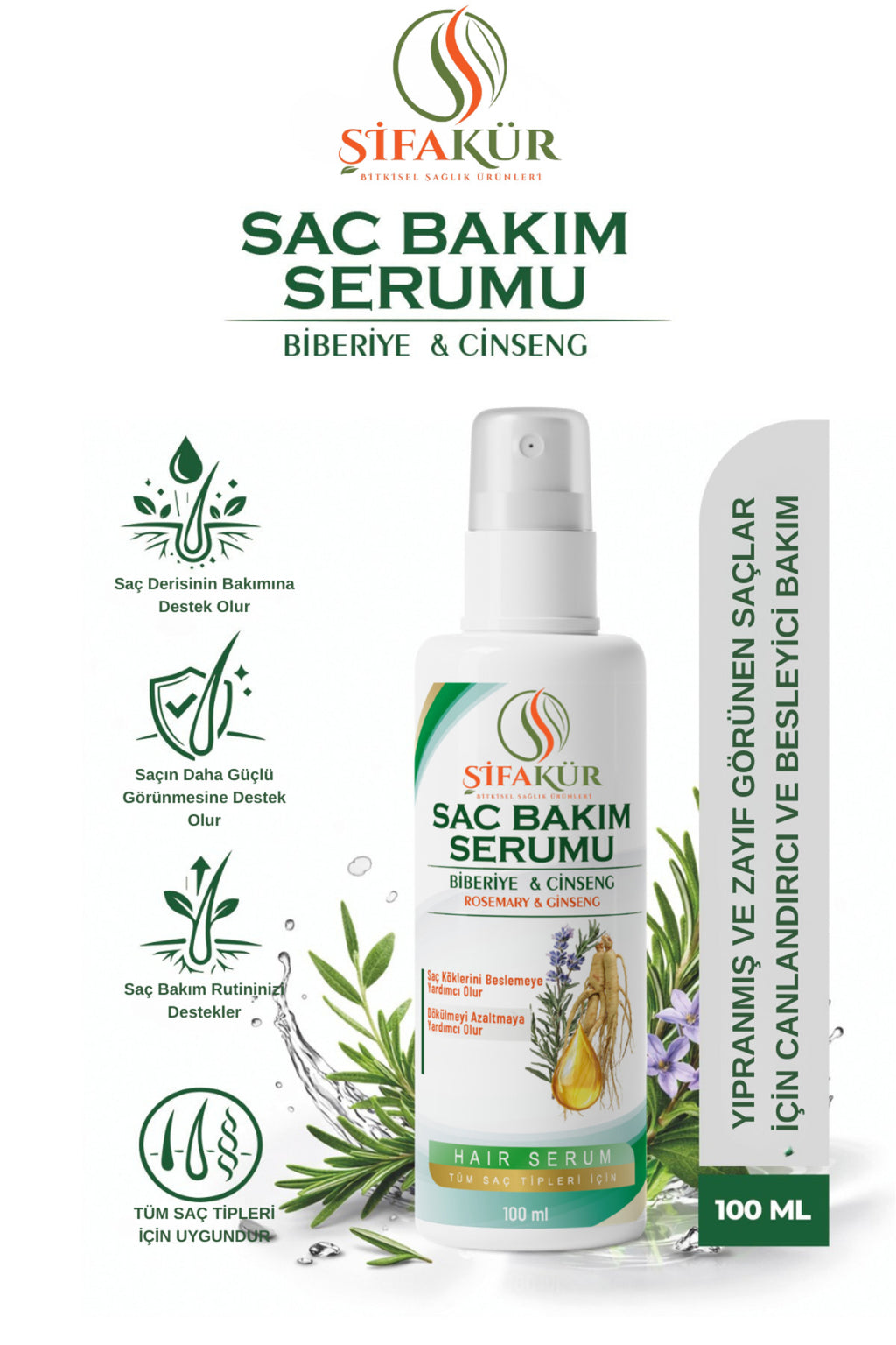 Şifakür Saç Bakım Serumu Biberiye Ginseng Biotin Keratinli Canlandırıcı 100ml